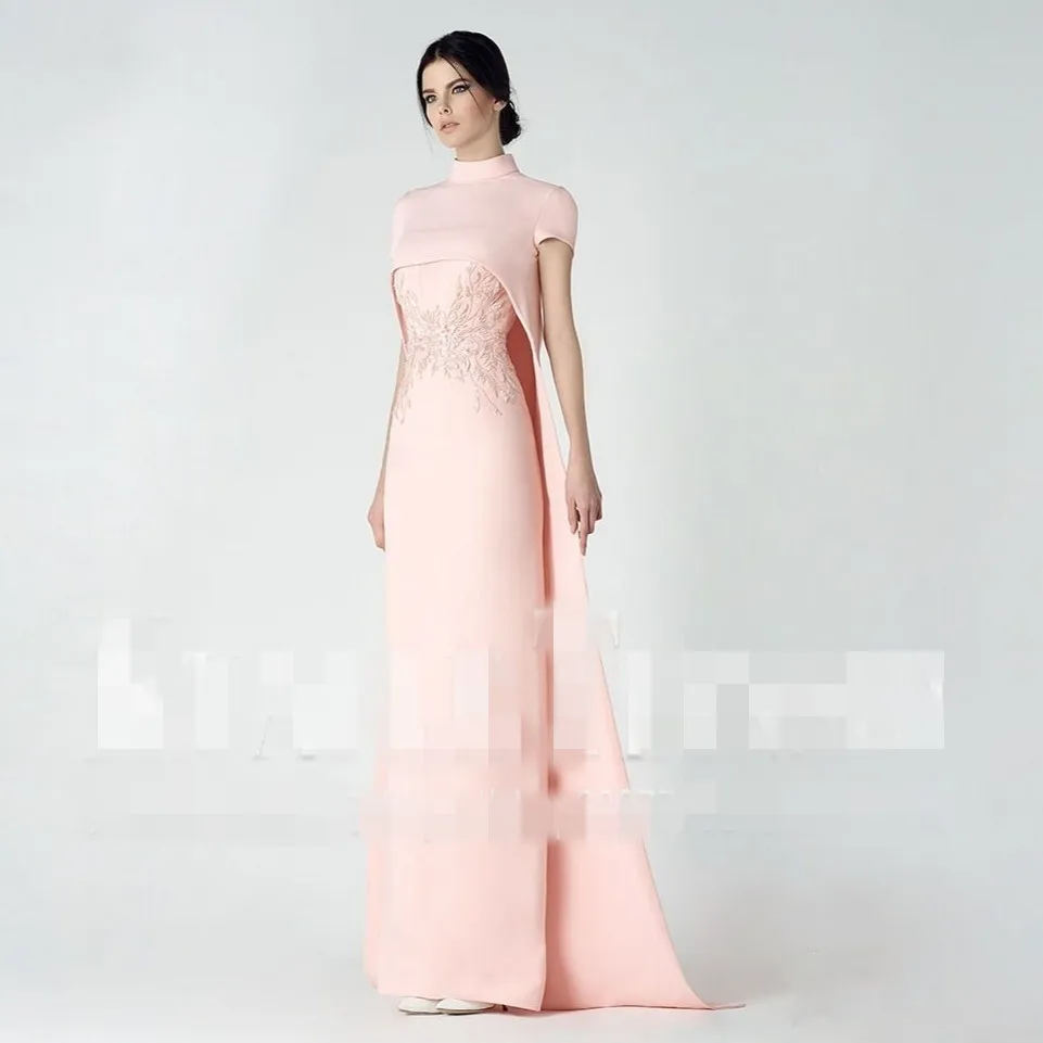 Nieuwe Robe De Soiree Courte Vestidos De Formatura Korte Mouw Hoge Hals Roze Avond Lange Met Sjaal Moeder Van De bruid Jurken Nieuwe Robe De Soiree Courte Vestidos De Formatura Korte Mouw Hoge Hals Roze Avond Lange Met Sjaal Moeder Van De bruid Jurken