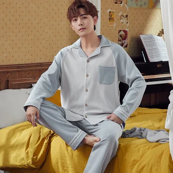 

Autumn Winter Men Pajamas Set Long Sleeve Turn-down Collar Loose Warm Sleepwear Plaid Leisure Fashion Masculino Nightie