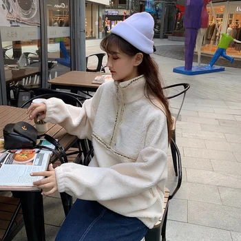 

Autumn and winter new loose long section high collar sweater women lamb hair pullover jacket fashion tops