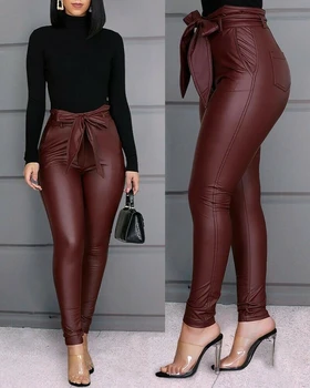 

Fashion Women's Leggings PU Leather Pants Stretchy Skinny Pencil Trousers Sexy High Waisted Bow Pants
