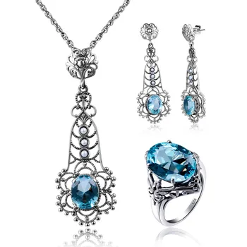 

Top Jewerly Sets 100% Real Sterling Silver 925 Pendants Drop Earrings Rings Vintage Flower Sea Sky Ring Fine Jewelry Women Set