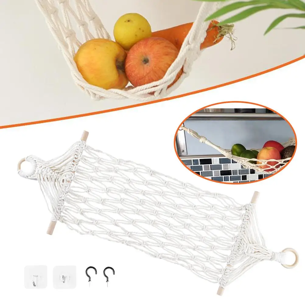 

Hanging Fruit Hammock Under Cabinet Handwoven Cotton Kitchen Hammock Basket Multifunctional Fruit Storage Weaves Net