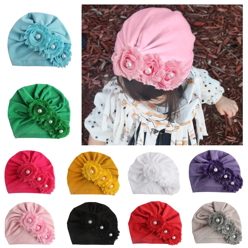 New Infant Newborn Caps with Pearl Chiffon Flowers Cotton Blend Kont Turban Girls Stretchy Beanie Ha