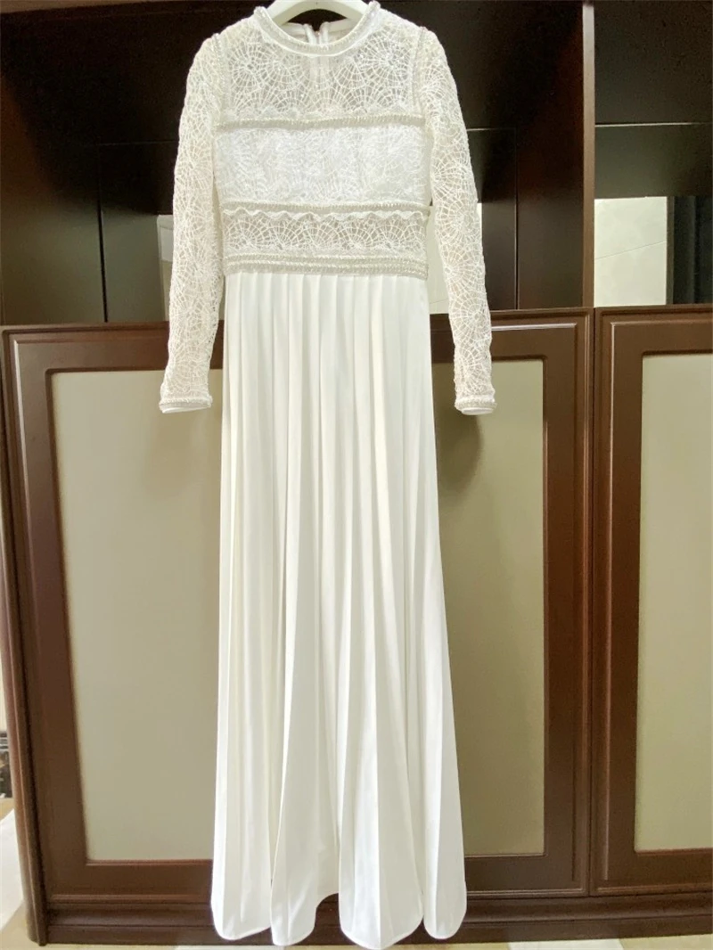 Новое поступление высокое качество женское белое кружевное платье