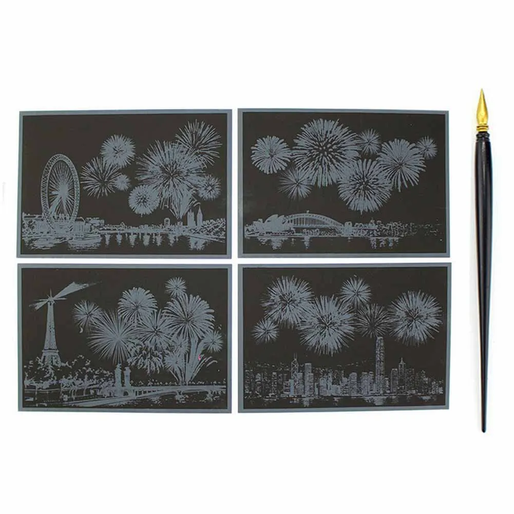 4pcs Engraving Art Scraper Kits Colorful Night View Set Scratch Craft Drawing Paper+ Pen 20*14cm Fireworks Pictures Postcard