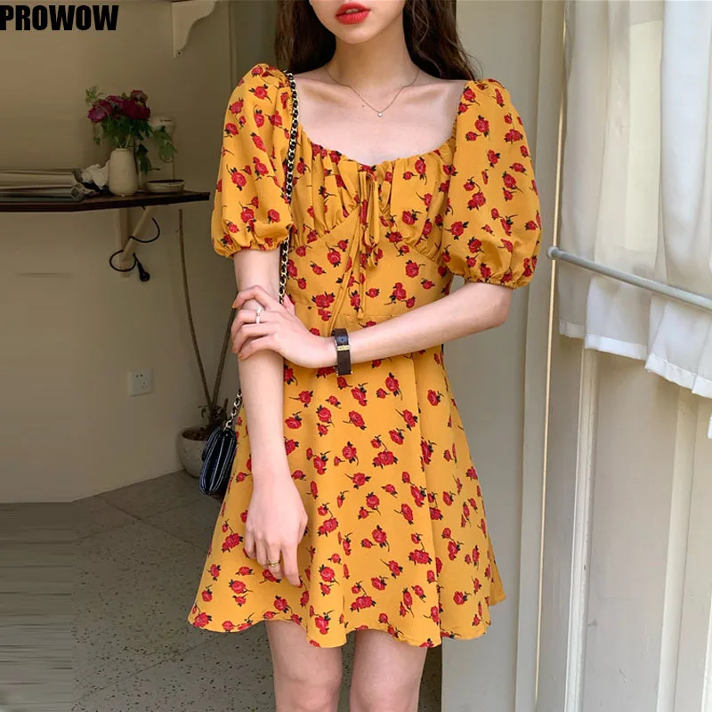 

2020 Women Korean Floral Dresses Summer Slim Waist Mini A-Line Dresses Lace Up Puff Short Sleeve dress Vestidos Femme
