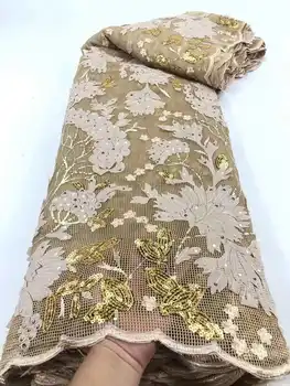 

Gold Nigerian Lace Fabric with sequins Nice design embroidered African Cord Lace Fabric for wedding dress