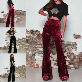 

Womens Warm High Waist Gold Velvet Bell Bottom Stretch Wide Leg Pants Trousers