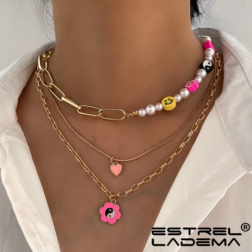 Fashion Multilayer Smiley Face Pearl Beads Choker Necklace For Women Heart Flower Yin Yang Metal Chain Collar Necklaces Jewelry | Украшения