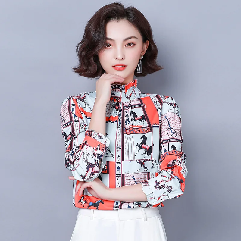 

Anqi Pull 2019 New Style Printed Fashion Long Sleeve Commuting Cedar Ear Stand Collar Tops Mulberry Silk