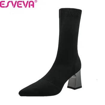 

ESVEVA 2020 Stretch Knitting Autumn Winter Slip on Women Shoes Fashion Square High Heel Pointed Toe Mid Calf Boots Size 34-43