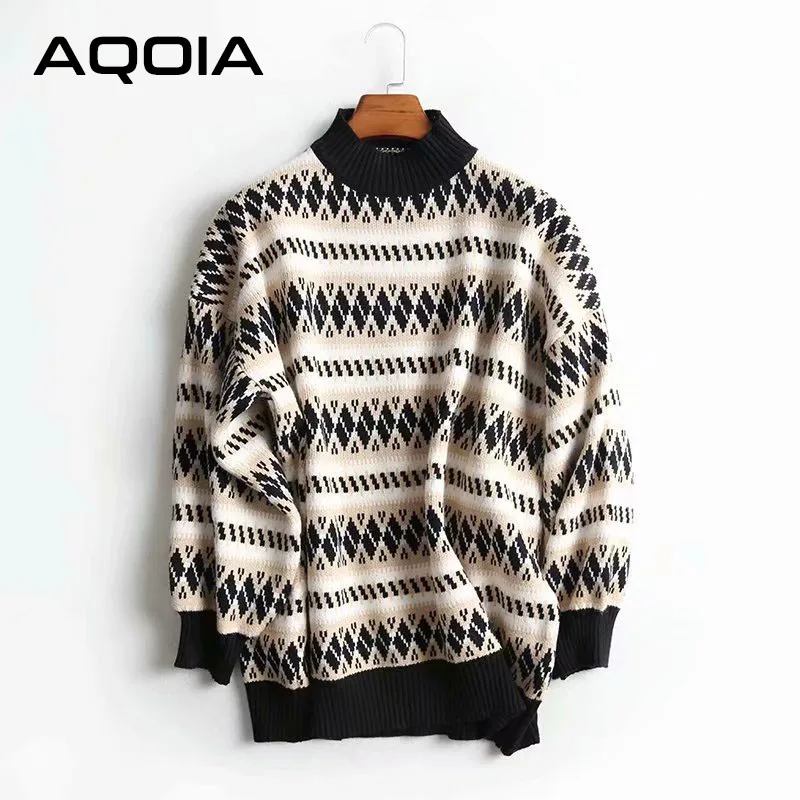 AQOIA Harajuku Argyle длинный рукав женский пуловер Boho водолазка толстый теплый женский свитер модная зимняя женская одежда