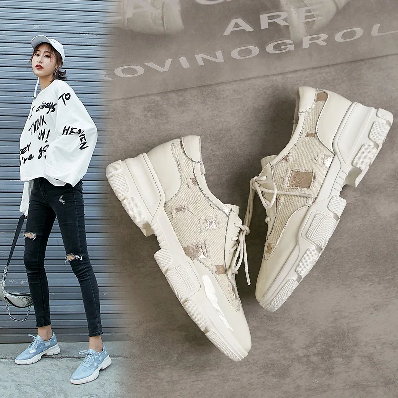

2019 Spring New Style Women's Versitile Fashion Elevator Sports round-Toe Lace-up Platform Heel Patent Cowhide Low-top Shoes