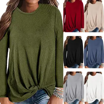 

2019 New Women Casual Solid Color O Neck Long Sleeve Side Hem Loose Plus Size Blouse Vintage Shirts Woman Retro Top
