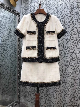 

2020 Early Autumn New Women's Leader Mouth Color Matching Woven Selvage Short-Sleeved Top + Overskirt Woolen Suit 803