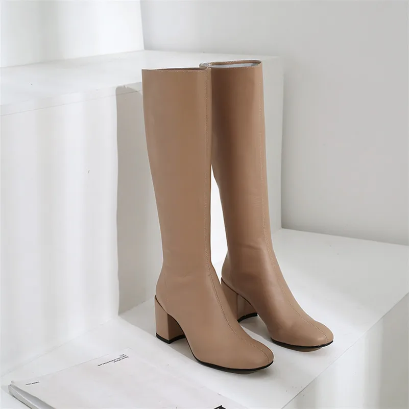 ANNYMOLI-зимние сапоги до колена; женские высокие сапоги из натуральной кожи на высоком квадратном каблуке; обувь на молнии с круглым носком; женская обувь; размеры 34-39 - Цвет: Apricot Velvet Linin