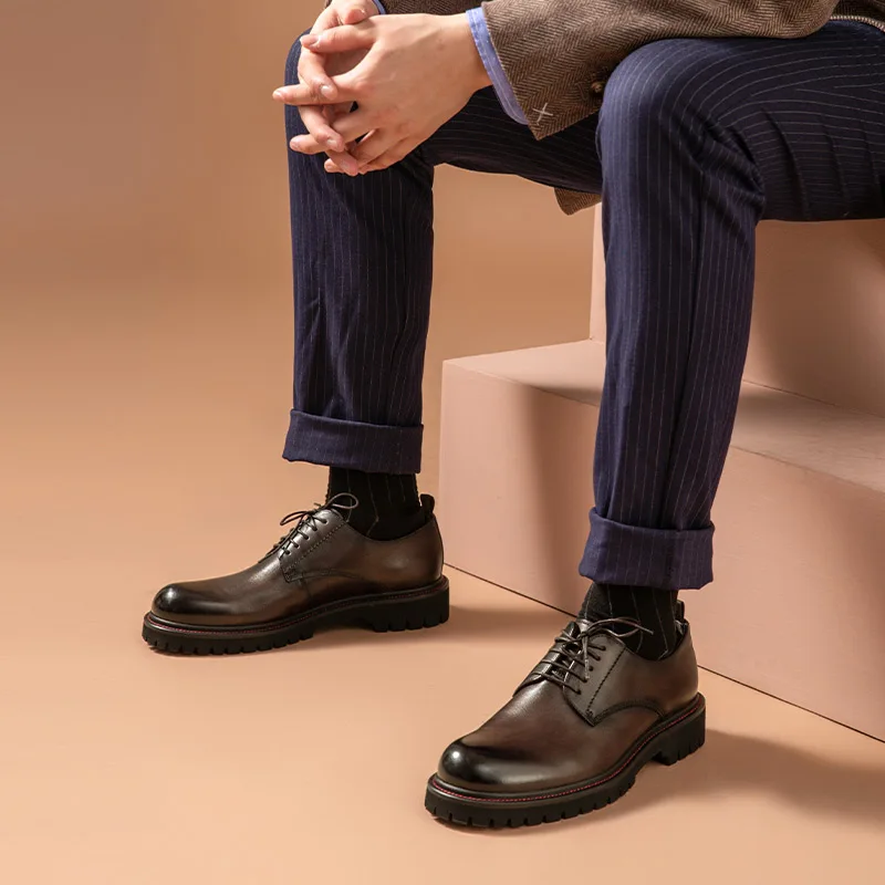 Men Derby Shoes Calfskin Leather Waxing Round Toe Lace-Up Platform Gentleman Business Dress Shoes Handmade 55503