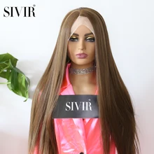 Sivir perucas de cabelo sintético, perucas femininas longas e retas, em cores marrom médias, com linha média e natural