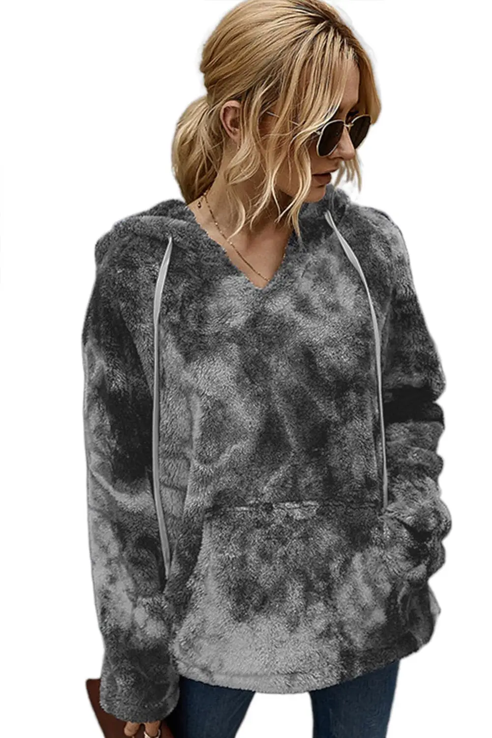Black/Blue/Green V-Neck Tie-Dye Plush Plus Velvet Pullover Hoodie Sweatshirts Tops Women 2020 Casual Autumn Winter Outfits