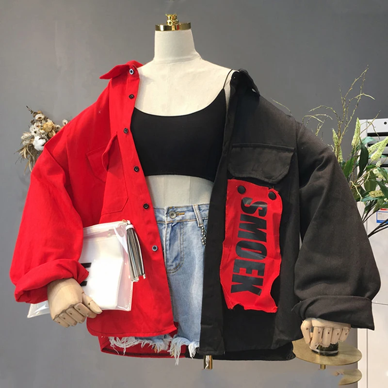 

Harajuku Bomber Jacket Coats Women Loose Pocket Designer Cool Red Streetwear Hot Sale Kpop Yellow Spring shirt thin jeans jacket