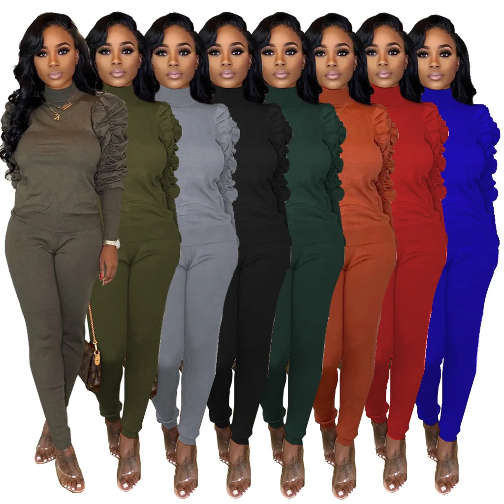 

European and American women's autumn and winter pleated sleeve slim two-piece suit