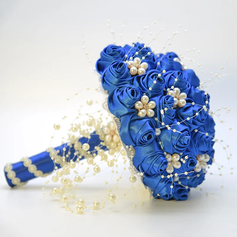 Красивые цветы из ленты цвета слоновой кости Потрясающие жемчужные бусинки свадебные букеты невесты ramo de novia BY53 - Цвет: Blue