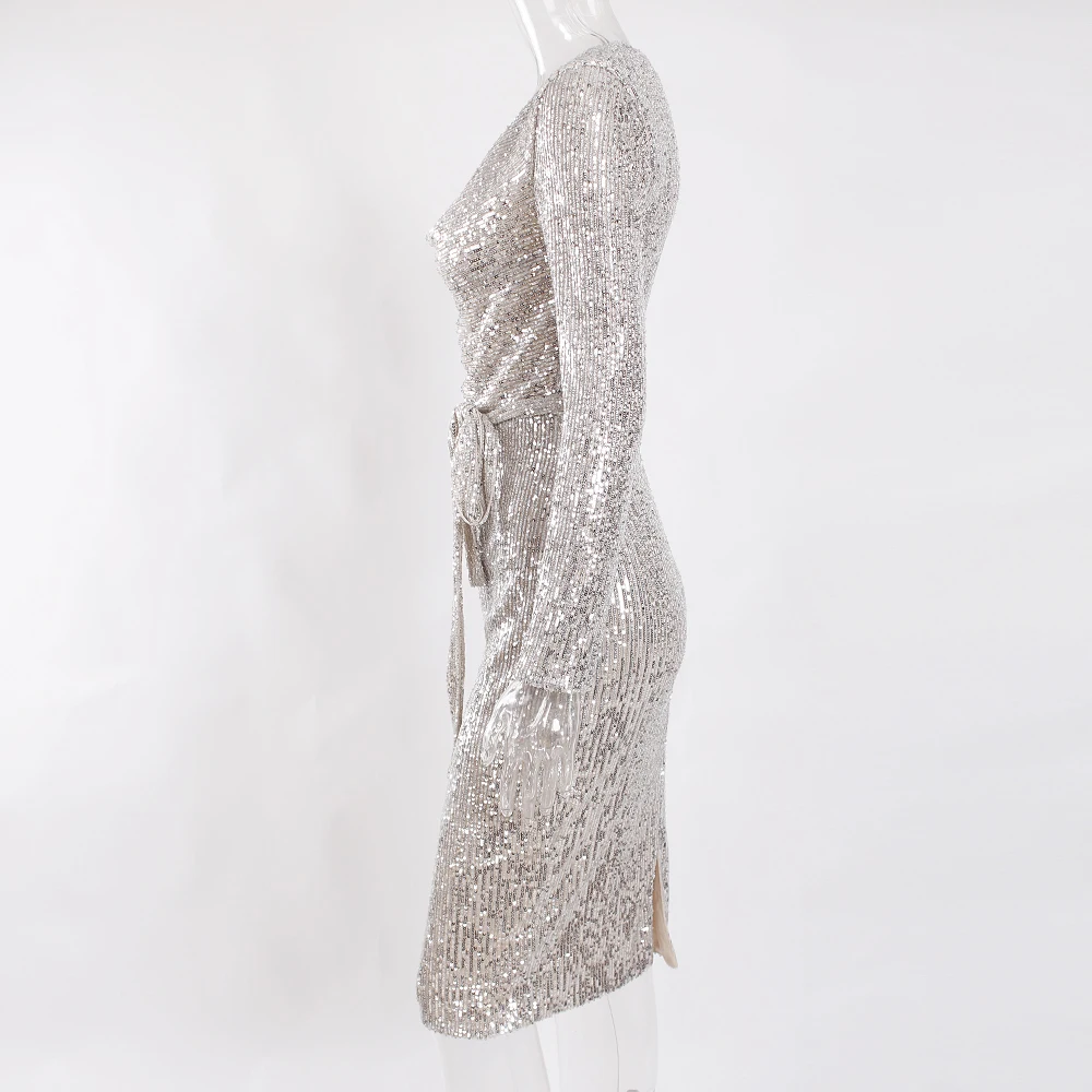 Серебряное Sequind миди платье с длинными рукавами пояса Сплит ноги Bodycon стрейч платье