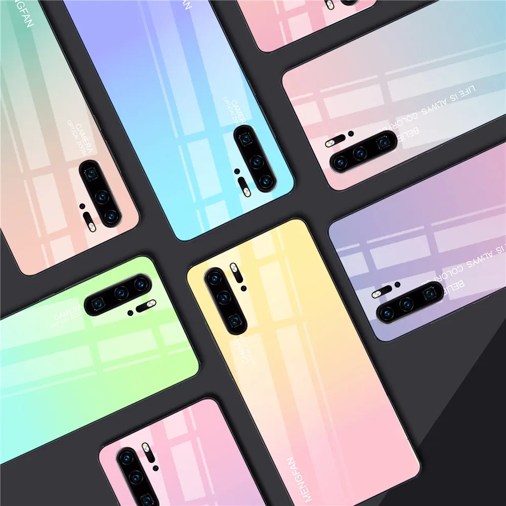 

Gradient Tempered Glass Cases For Huawei Mate 20 P30 P20 Lite P smart Z For Nova 3 Honor 9 10 Lite 8X Glossy Colorful Case Cover
