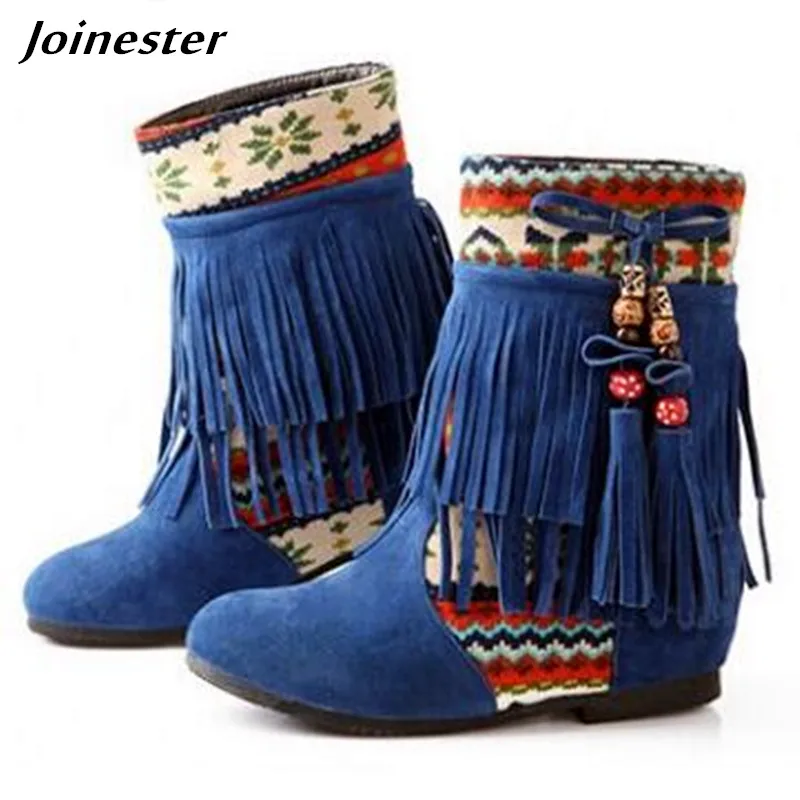 Kaufen Frauen Winter Stiefel Retro Ankle Bootie für Damen Herbst Frau Wildleder Kurze Stiefel Ethnische Fringe Schuhe Slip On Sicken Casual boot