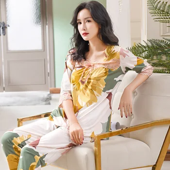 

Summer Short-sleeved Tops with Trousers Modal Summer Home Service Half-sleeved M-3xl Sizes Women Pajamas Set Lingerie