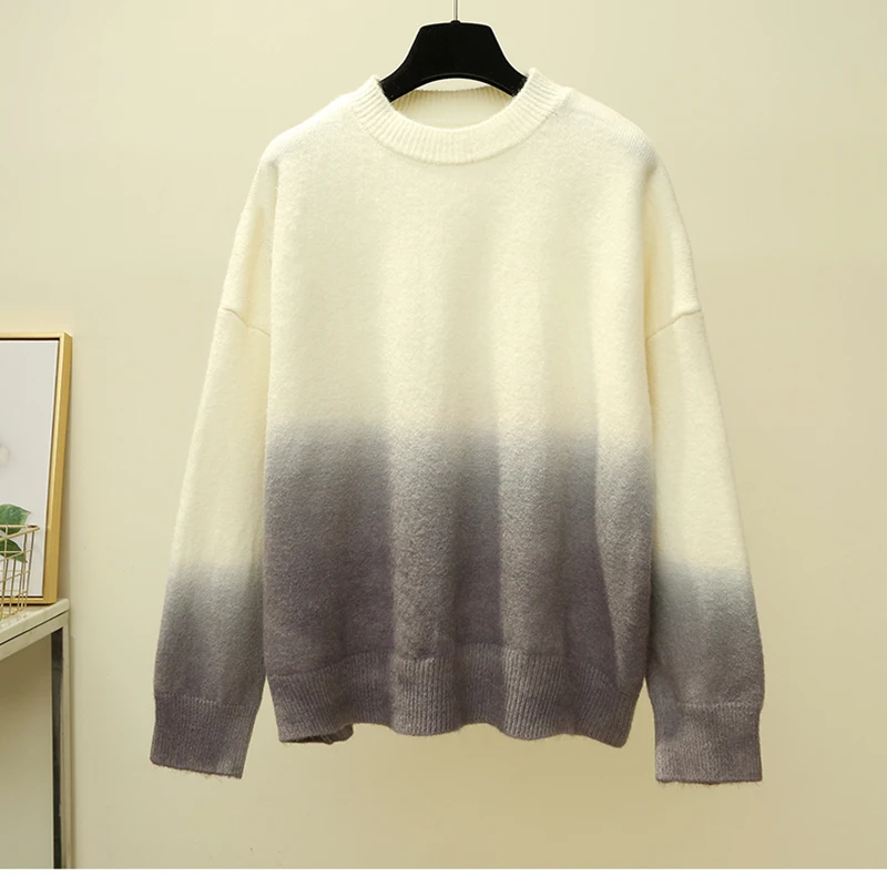 2019 Autumn Winter New Loose Gradient Color Thick Sweater Women Round Neck Casual Pullover Top Gray Orange Green O-Neck Clothing