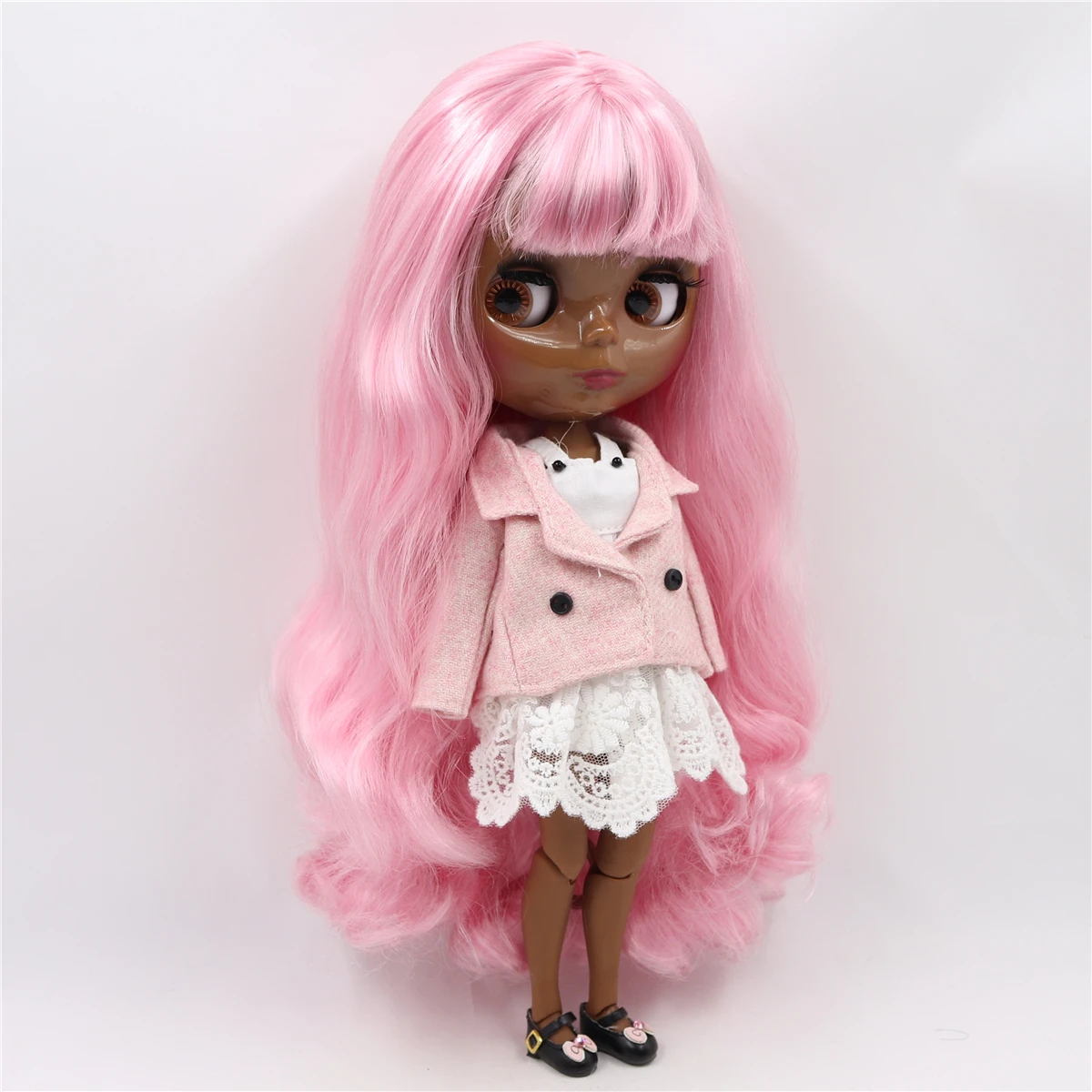 Neo Blythe Doll with Pink Hair, Black Skin, Shiny Cute Face & Custom Jointed Body 1