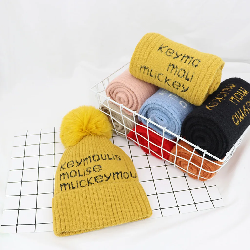 Детская шляпа детская шапочка для новорожденных мальчиков и девочек 2 шт. одежда для малышей теплое зимнее пальто для девочек, трикотаж, надписи Кепки шарф Утепленная одежда комплект детской одежды