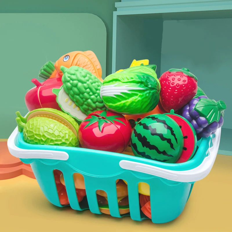Kids Plastic Kitchen Toy Shopping Cart Set Cut Fruit and Vegetable Food Play House Simulation Toys Early Education Girl Gifts