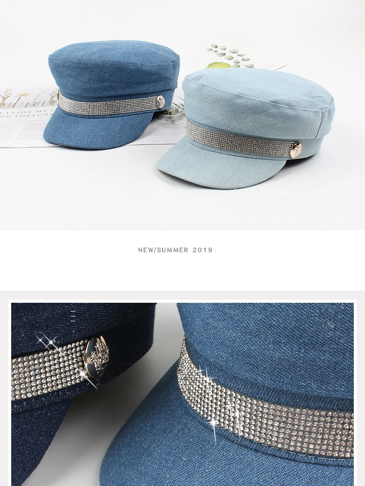 USPOP новые женские винтажные джинсовые кепки newsboy, женские Восьмиугольные шляпы, модные военные кепки-береты с бриллиантами, Осенние кепки с козырьком