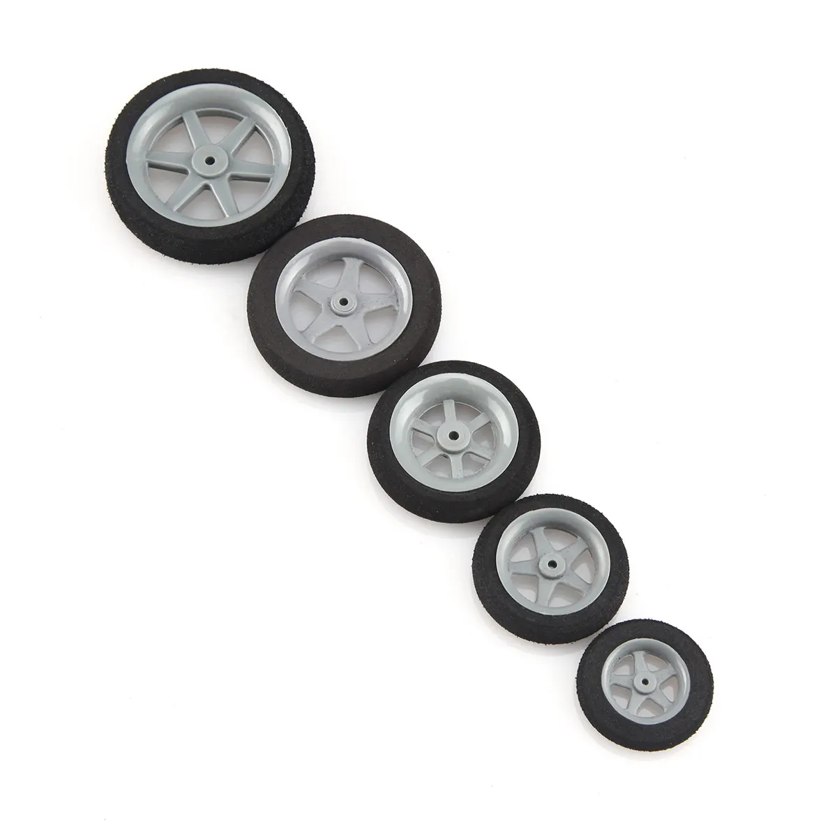Roues de planeur RC 30-50mm bleues avec pneu texturé, détails visibles en gros plan.