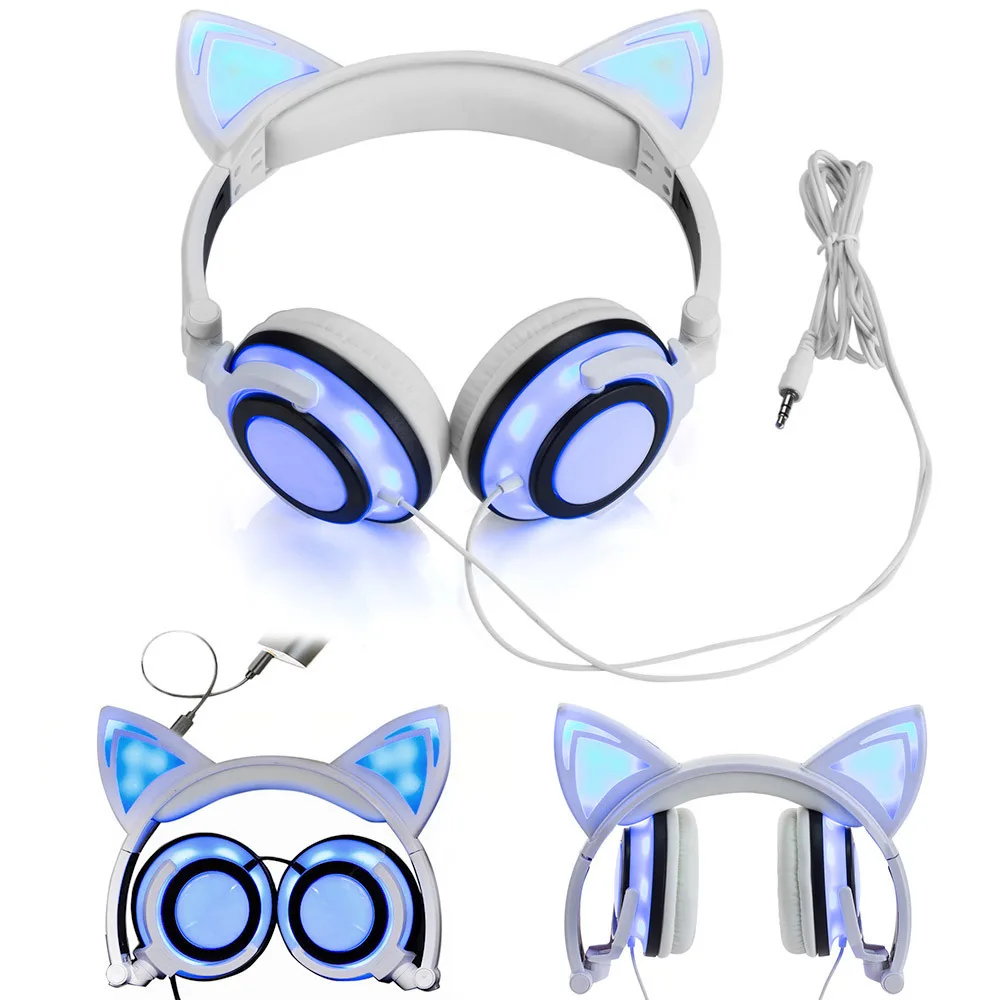 Cat Ear Wired Headphones Foldable Flashing Kids Gaming Headset Earphone With LED Light Earphone For PC Computer Mobile Phone