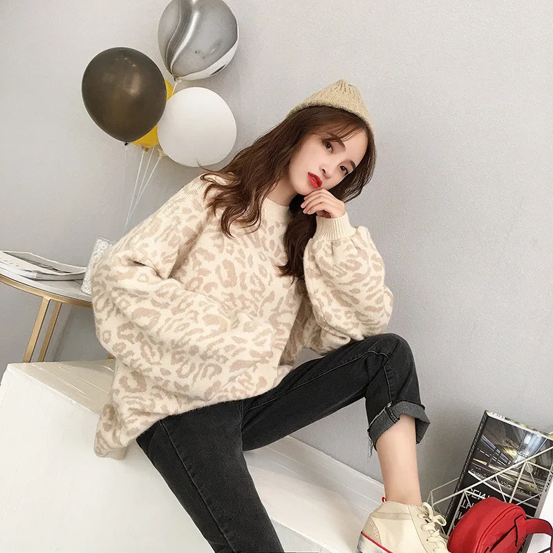 

Leopard Sweater Women's Pullover Retro Loose 2019 New Coat Korean Jacket Gentle Wind Pullovers O-Neck Women Sweaters