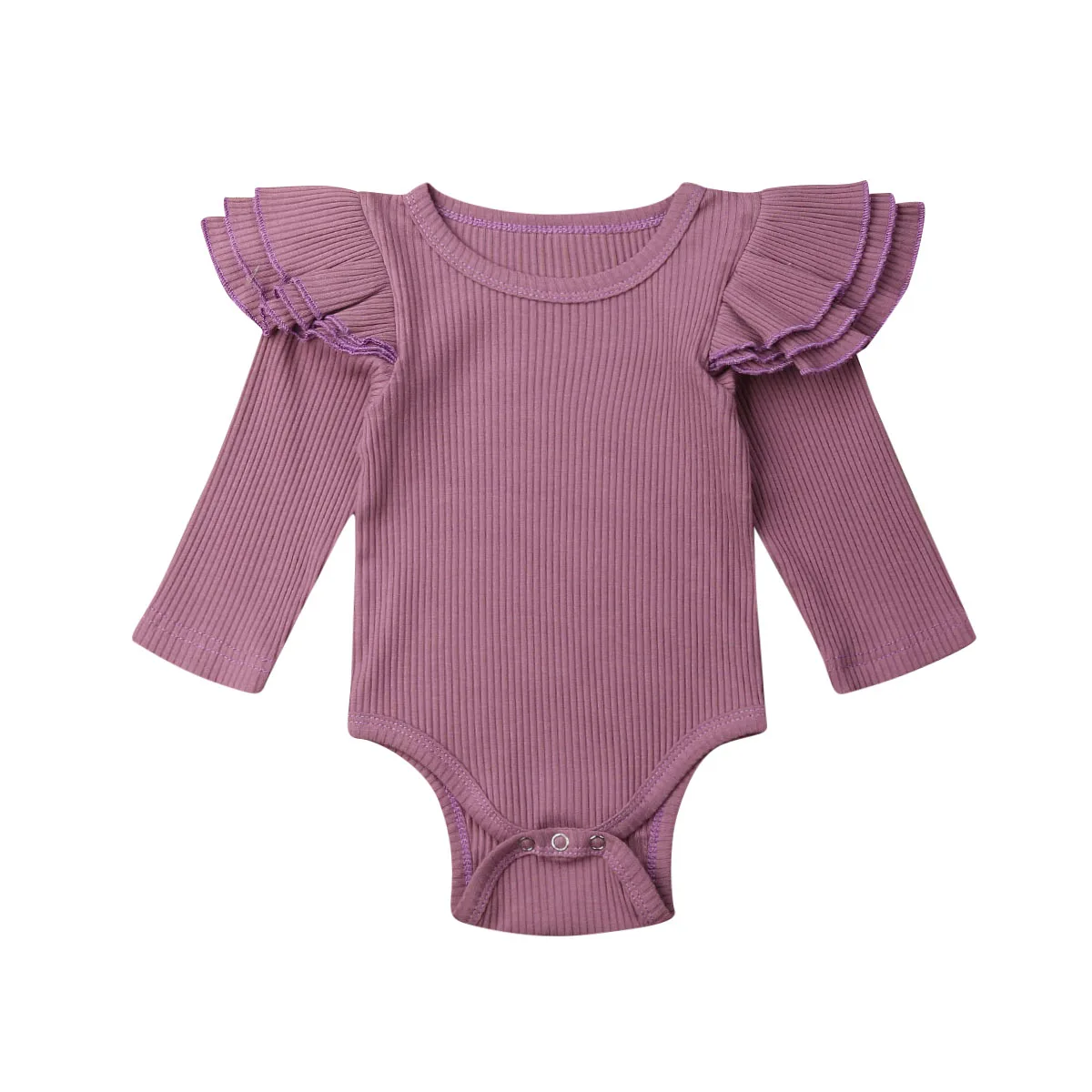 Коллекция года, весенне-осенняя одежда для малышей боди с длинными рукавами и оборками для новорожденных девочек и мальчиков однотонные комбинезоны, комплект одежды - Цвет: Фиолетовый