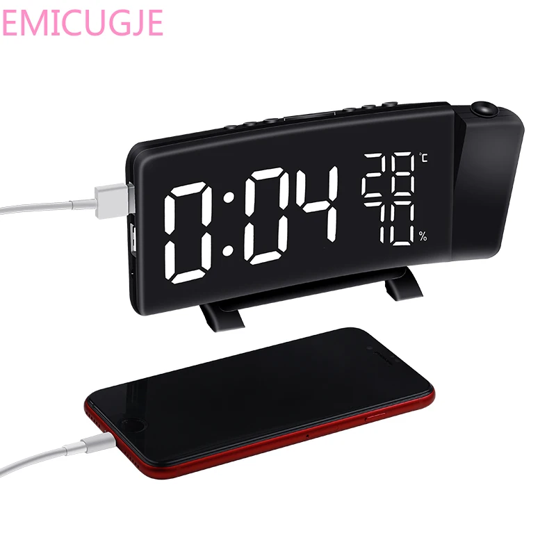 

Rotating projection digital LED clock Temperature/hygrometer clock FM radio electronic clock desktop Curved screen alarm clock