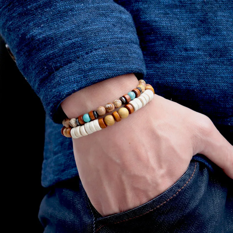 Vintage Men Wood Bracelet Natural Stone Beads Brazalete Boho Accessories Male Punk Braslet Present For Man Jewelry Pulsera bracelet jewelry leather bracelets