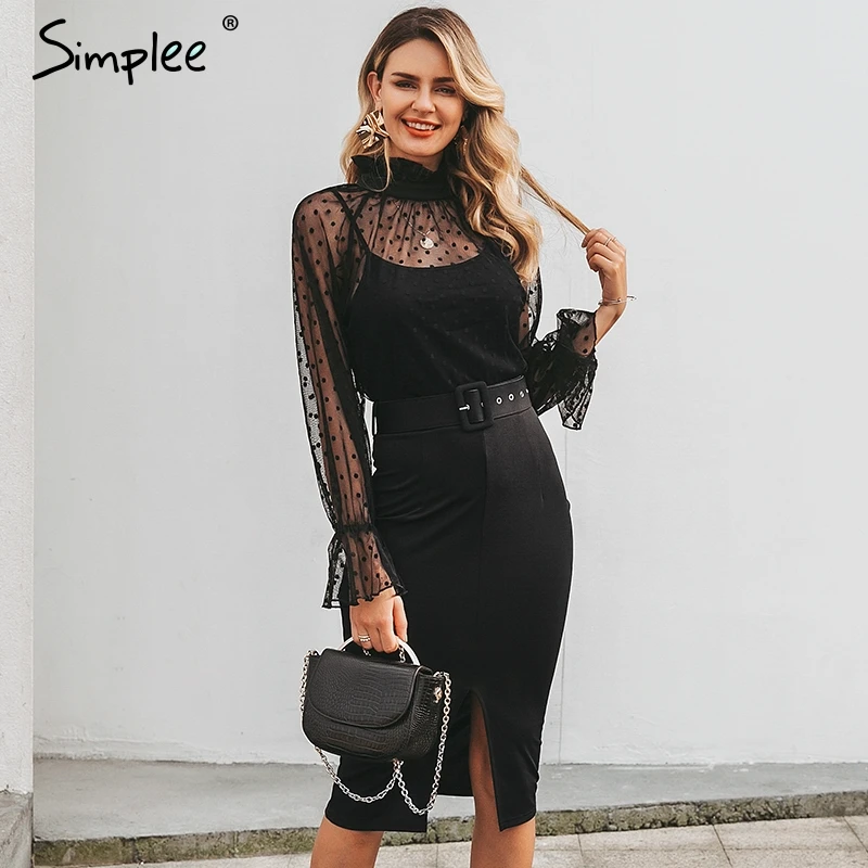 Najtaniej Simplee seksowna pasiasta koronkowa sukienka dla kobiet czarny w kropki pas dopasowana sukienka na imprezę bufiaste rękawy jesienno zimowa sukienka biurowa, damska