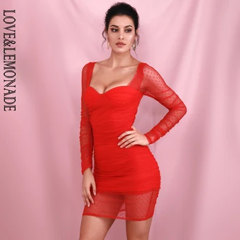 

LOVE&LEMONADE Sexy Red Square Collar Long Sleeve Bodycon Dot Netting Smocking Party Mini Dress LM82179