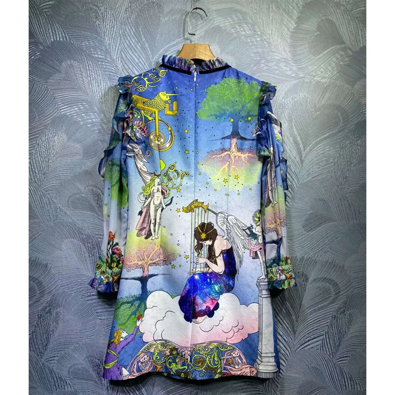 SEQINYY Vintage Print Dress Flower Angel 2020 Summer Spring New Fashion Design Women Ruffles Jacquard Mini Runway