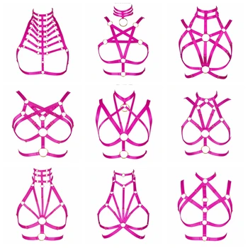 

Pink Harness Bra Hollow Out Crop Tops Pastel Goth Chest Bondage Lingerie Elastic Plus Size Sexy Women Cage Body Belt Festival
