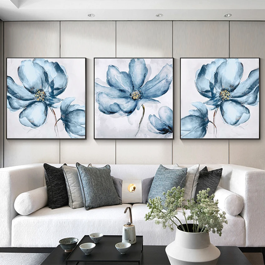 

No Framed Wall Blue Artwork,Modern Abstract Oil Painting on Canvas, Flowers Picture Art, 3PCS Hand Painted, Home Decoration