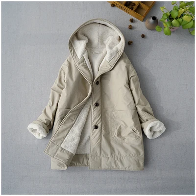 Winter Autumn New Arrivals Women Brief All-match Loose Japanese Style Comfortable Thick Warm Faux Lamb Fur Hooded Jackets 3 - Color: Beige
