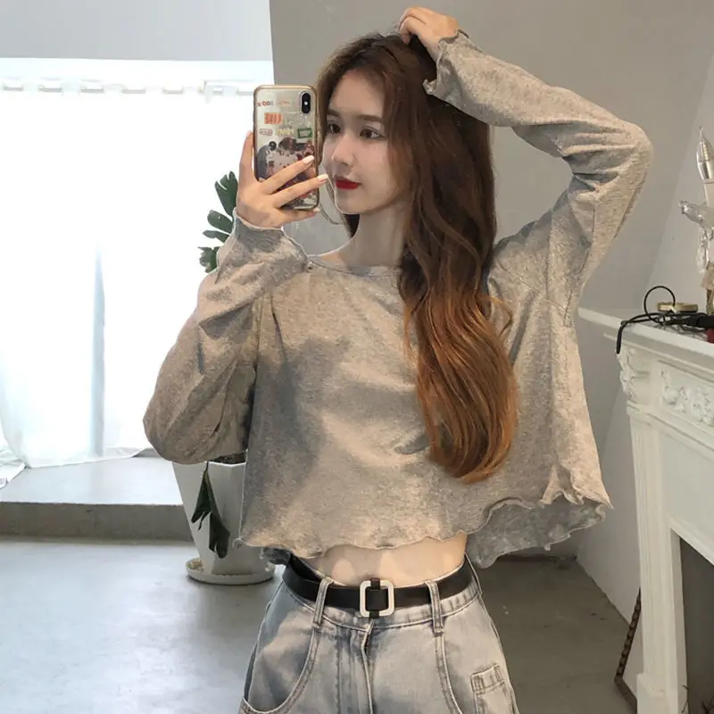 

Autumn New Lotus Edge Long-Sleeved T-shirt Female Students Korean-Style Navel Short