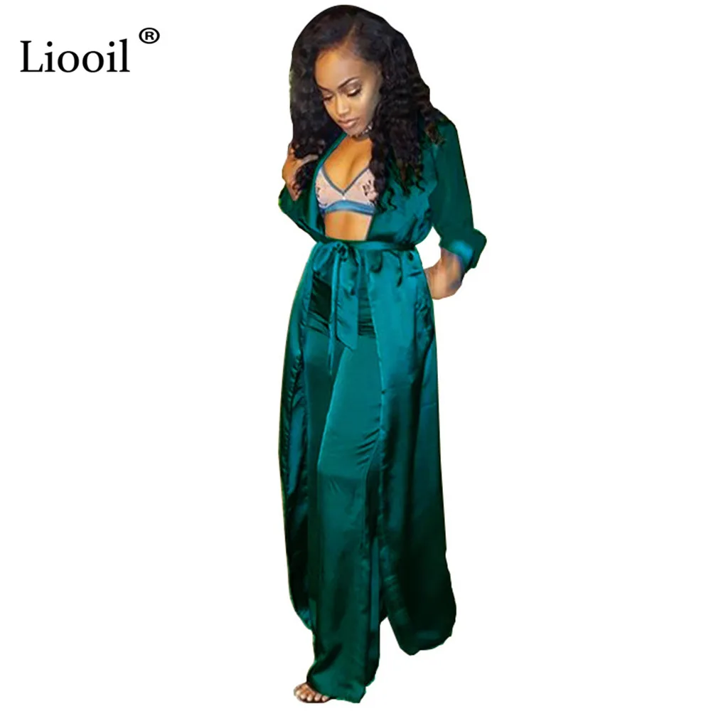 Liooil ложный Шелковый комплект из двух предметов осень зима длинный рукав сексуальный кардиган пальто и широкие брюки вечерние Клубные наряды для женщин - Цвет: Зеленый