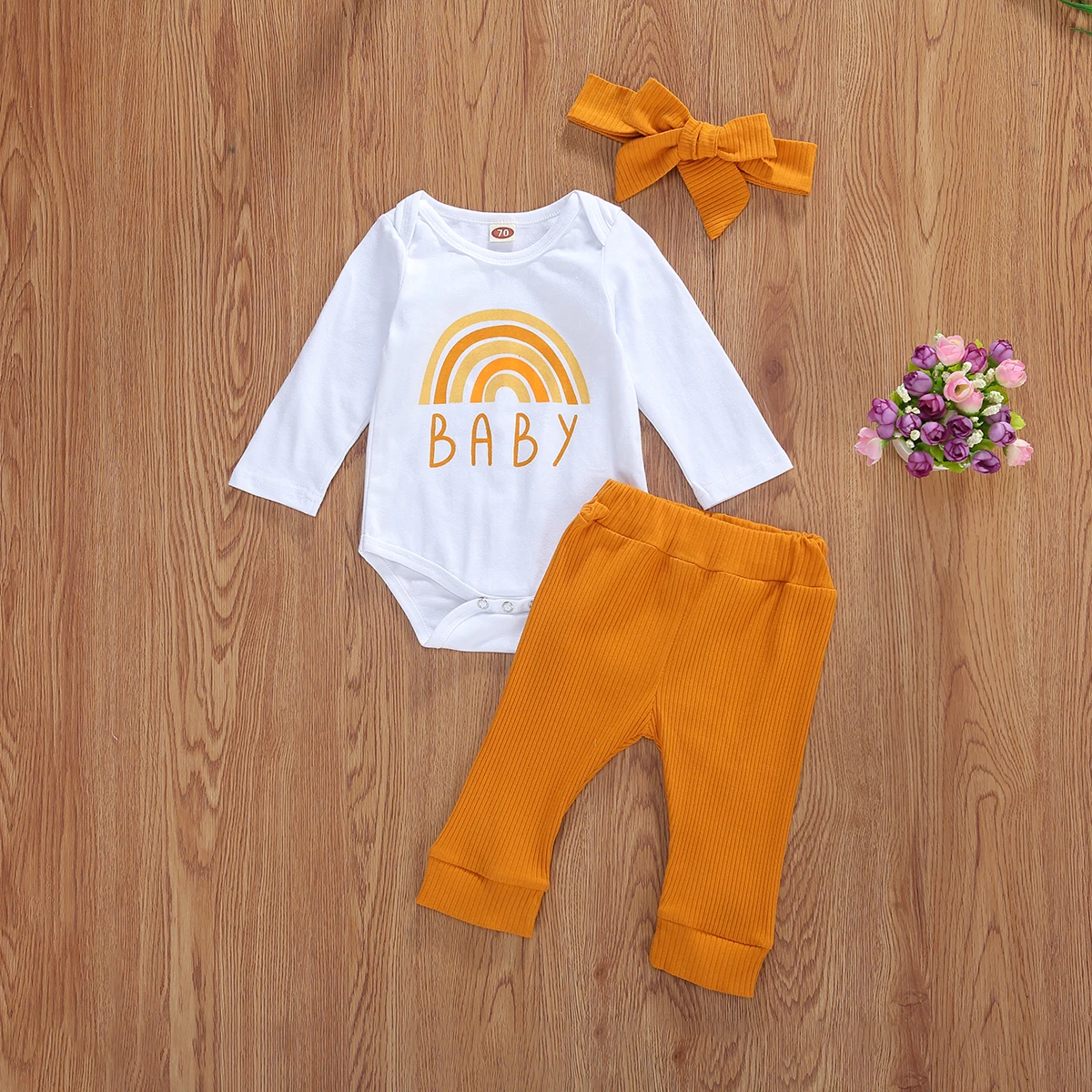 

Infants Baby Spring Autumn Clothing Baby Boy Long Sleeve Letter Rainbow Printed Tops Romper Pants Bow Headband 3-Piece Clothes